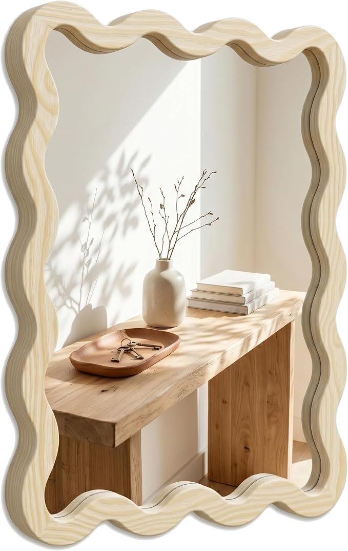 22"x30" Wood Wavy Wall Mirror for Powder Room, Solid Wood Squiggle Mirror for Vanity, Small Asymmetrical Irregular Mirror, Natural Wooden Boho Aesthetic Decor