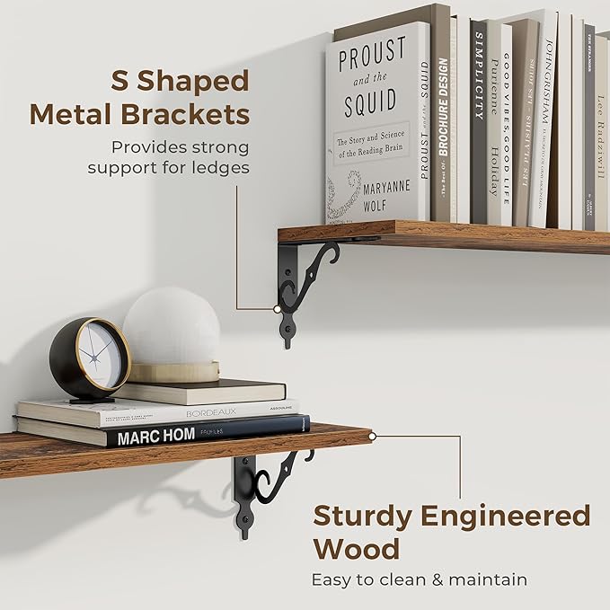 RICHFOCUS Floating Shelves for Wall Decor, 31.5W x 8D Shelves Set of 2, 8" Deep Rustic Wood Floating Shelves Wall Mounted with Brackets, Shelves for Living Room Bedroom Kitchen, Rustic Brown