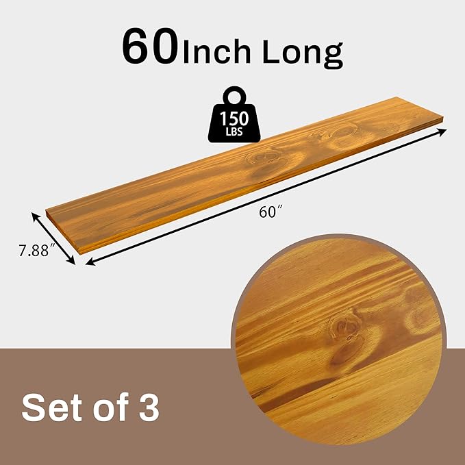Rustic Wood Floating Shelves Set of 3, 60Inches Wood Rustic Farmhouse Wall Shelves, Easy-to-Install Hanging Shelves for Living Room, Kitchen, and Bathroom, 150bs Capacity. (Brown, 3T60IN)