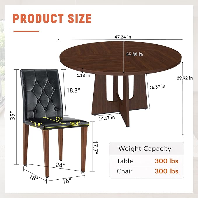 47" Round Dining Table Set for 6, Walnut Wood Grain Table and 6 Black PU Leather Upholstered Chairs Set, Mid Century Modern Kitchen Table Set with Cross Legs