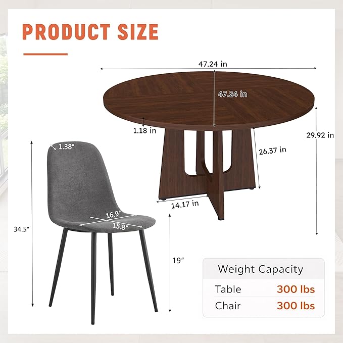 47" Round Dining Table Set for 6, Walnut Wood Grain Table and 6 Dark Gray Linen Upholstered Chairs Set, Mid Century Modern Kitchen Table Set with Cross Legs