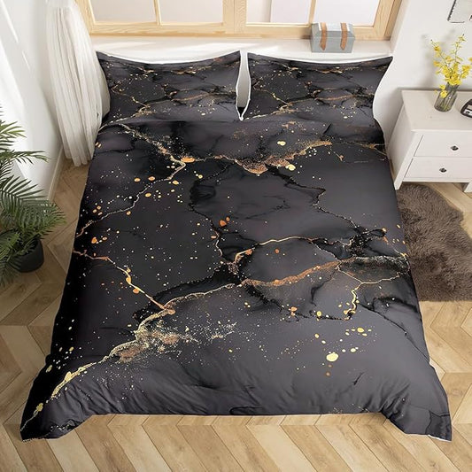 Erosebridal Black Marbling Bedding Sets King Gold Metallic Sequin Comforter Cover, Dark Grey Marble Bed Set Abstract Aesthetic Artwork Duvet Cover, Modern Fashion Quilt Cover Luxurious Room Decor