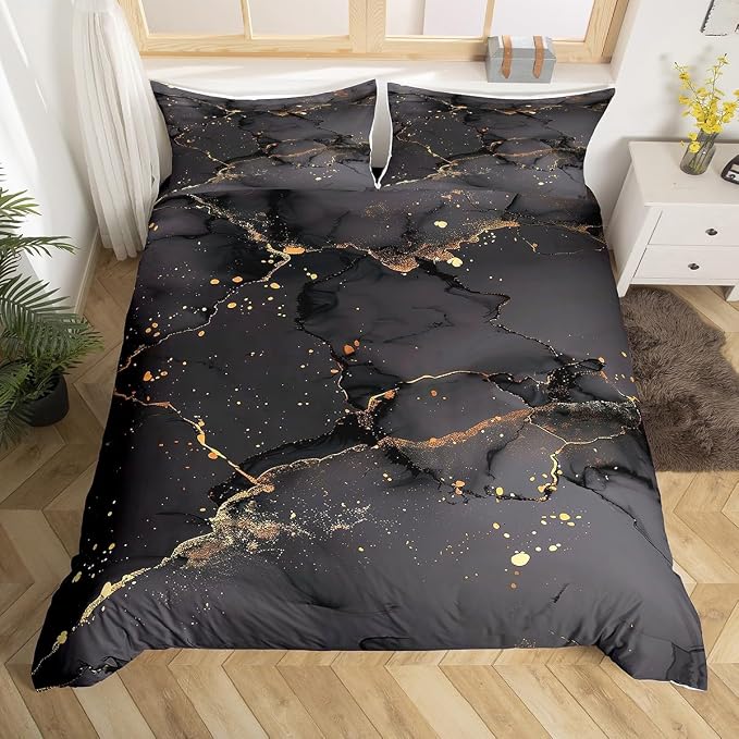 Black Marbling Comforter Cover Gold Metallic Sequin Bed Set, Dark Grey Marble Duvet Cover Queen Size Abstract Aesthetic Artwork Bedding Sets, Modern Fashion Bedspread Cover Luxurious Room Decor