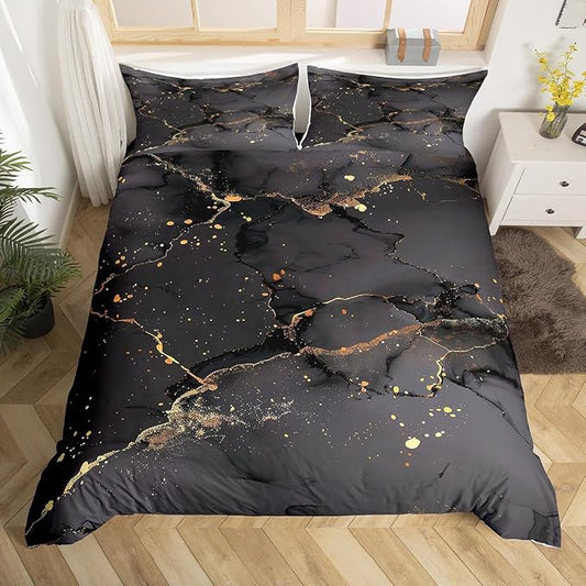 Black Marbling Comforter Cover Gold Metallic Sequin Bed Set, Dark Grey Marble Duvet Cover Queen Size Abstract Aesthetic Artwork Bedding Sets, Modern Fashion Bedspread Cover Luxurious Room Decor