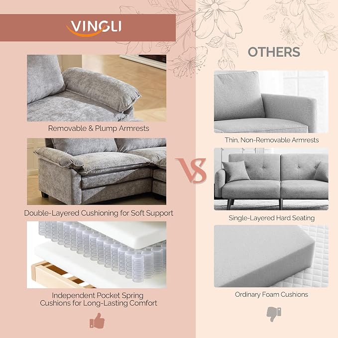 VINGLI 87" Convertible Sectional Sofa,L-Shaped Deep Seat Sofa Couch for Living Room,Modern 2-Seat Loveseat Sofa with Ottoman for Small Space(Light Grey)