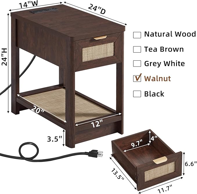 Lerliuo Narrow Night Stand with Charging Station, Boho Nightstand with Drawer, Bed Side End Table with Rattan Shelf for Small Spaces, Wood Nightstands Bedside Tables for Living Room Bedroom