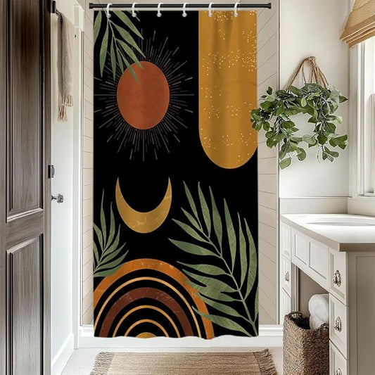 Black Mid Century Boho Shower Curtain for Bathroom Green Leaves Arch Sun Moon Shower Curtains Bohemian Abstract Bathroom Decor Set Washable Waterproof Polyester Fabric with Hooks 48x72 Inch