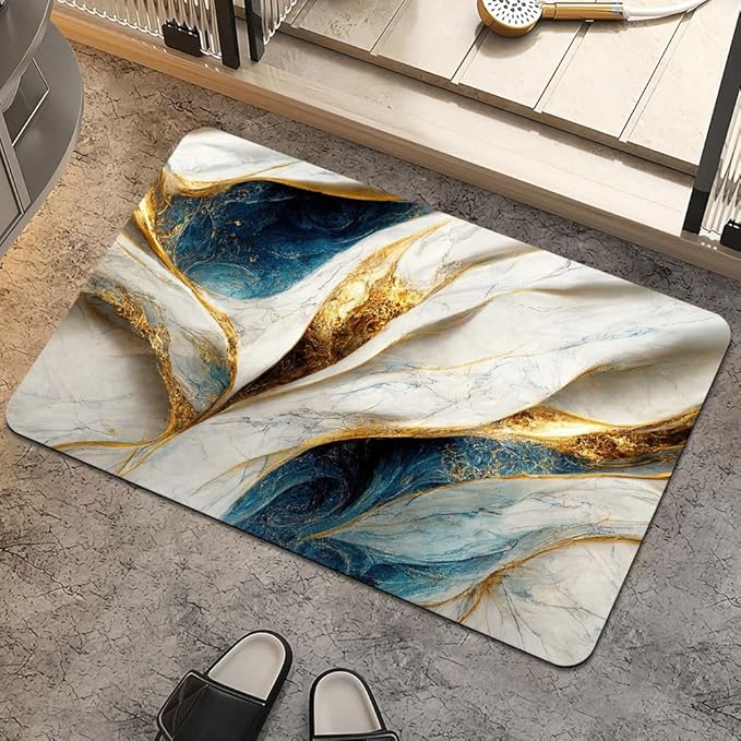 Bath Mat Rug,Abstract Blue and gold marble Non Slip Quick Dry Super Absorbent Thin Bathroom Rugs Fit Under Door-Easy to clean Bathroom Floor Mats-Shower Rug for Shower Sink Bathtub(20" x 31"In)