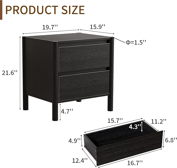 CHUWELL 2 Drawer Dresser for Bedroom, 19.7" Wide Mid Century Chest of Drawers with 4 Solid Wood Cylindrical Legs and 2 Large Storage Space, Wood Dresser for Bedroom(Black)