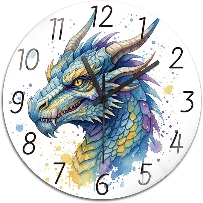 peacoblue Wall Clocks Battery Operated 12 Inch Dragon Glass Round Wall Clock Non Ticking for Kitchen Living Room Dining Room Bedroom and Bathroom Decor Accessories (Battery not Included)