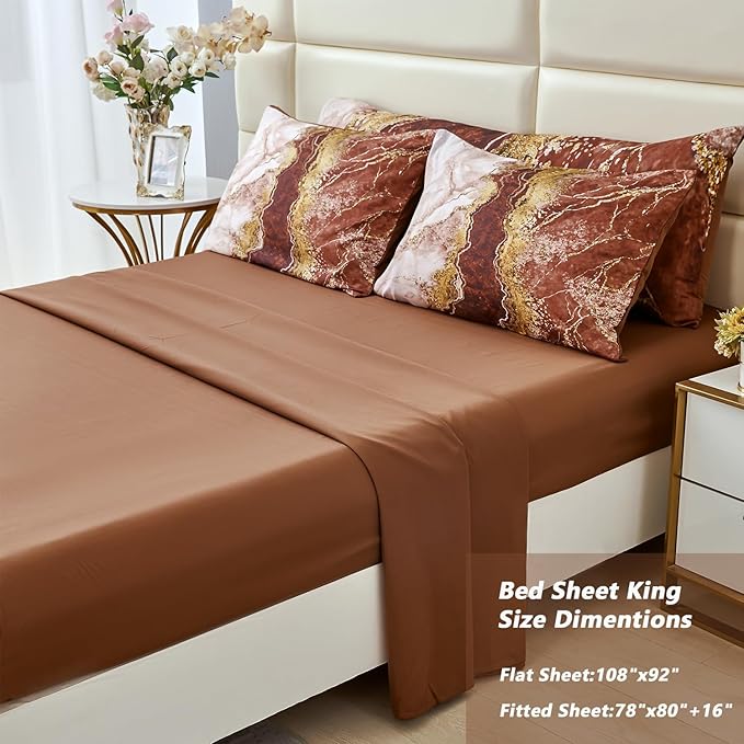PERFEMET 6 Pcs Brown Marble Bedding Set King Watercolor Tie Dye Printing Comforter Set with Sheets Abstract Artwork Brown and Gold Bed in A Bag Complete Set(Coffee Brown, King)