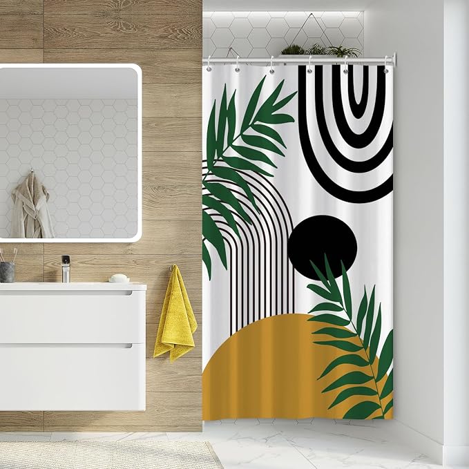 Boho Mid Century Shower Curtain Bohemian Abstract Modern Sun Bathroom Curtain Geometric Arch Curve Leaves Polyester Shower Curtain Sets for Bathroom Extra Long 54x72 in with 10 Hooks