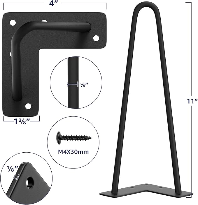 SMARTSTANDARD 11 Inch Heavy Duty Hairpin Furniture Legs, Metal Home DIY Projects for TV Stand, Sofa, Dresser with Rubber Floor Protectors Black 4PCS
