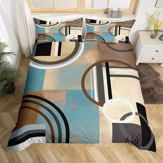 Brown And Blue Duvet Cover Full, Oil Painting Comforter Cover for Kids Bedroom Decor,Watercolor Pastel Artwork Bedding Set,Geometric Circles Swirls Bedspread Cover 3Pcs with 2 Pillow Cases