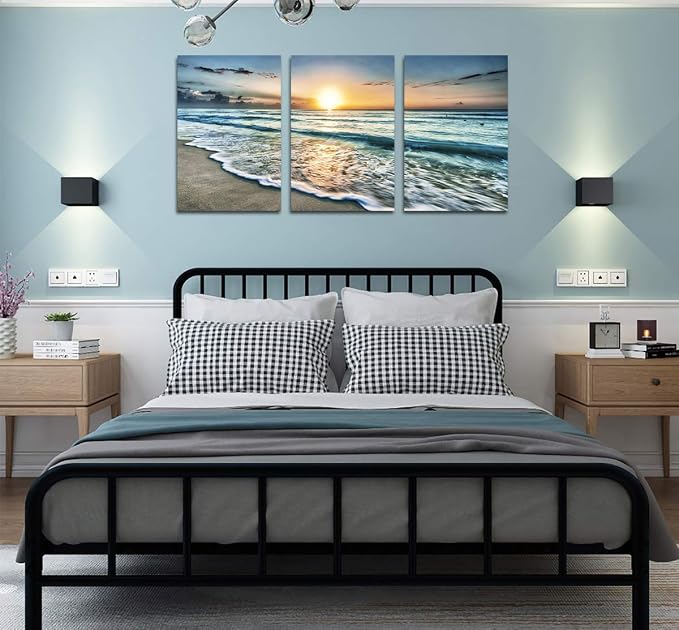 Canvas Wall Art Beach Sunset Ocean Waves Wall Decor 3 Pieces x 16" x 24" Modern Seascape Canvas Artwork Contemporary Nature Pictures Painting Giclee Prints Framed Ready to Hang for Home Decoration