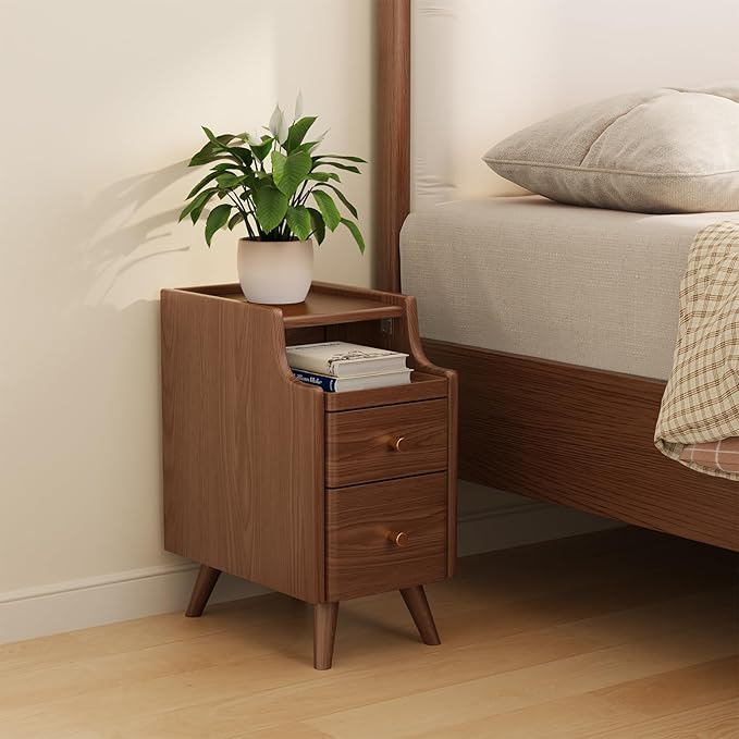 AQIMUELE Small Nightstand with Drawers, Solid Wood Bedside Table, Narrow Walnut Nightstand for Bedroom