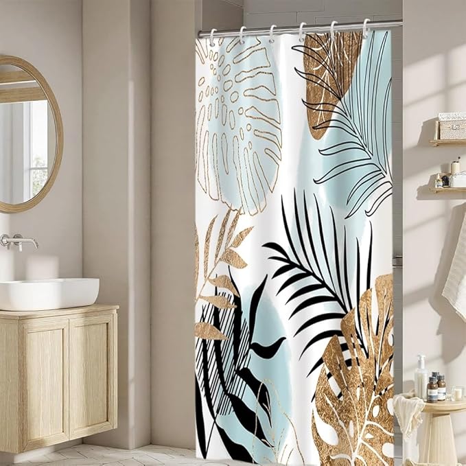 Modern Boho Shower Curtain Turquoise Gold Palm Leaves Abstract Aesthetic Bathroom Decor Watercolor Botanical Theme Bohemian Bath Curtains Washable Waterproof Polyester Fabric with Hooks 36x72 Inch