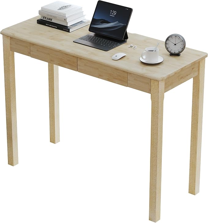 Solid Wooden Desk with Drawers - 39 x 16 Inch Rubberwood Narrow Desks, Simple Modern Study Table, Small Writing Desk for Bedroom|Small Spaces - Natural Boho Desks