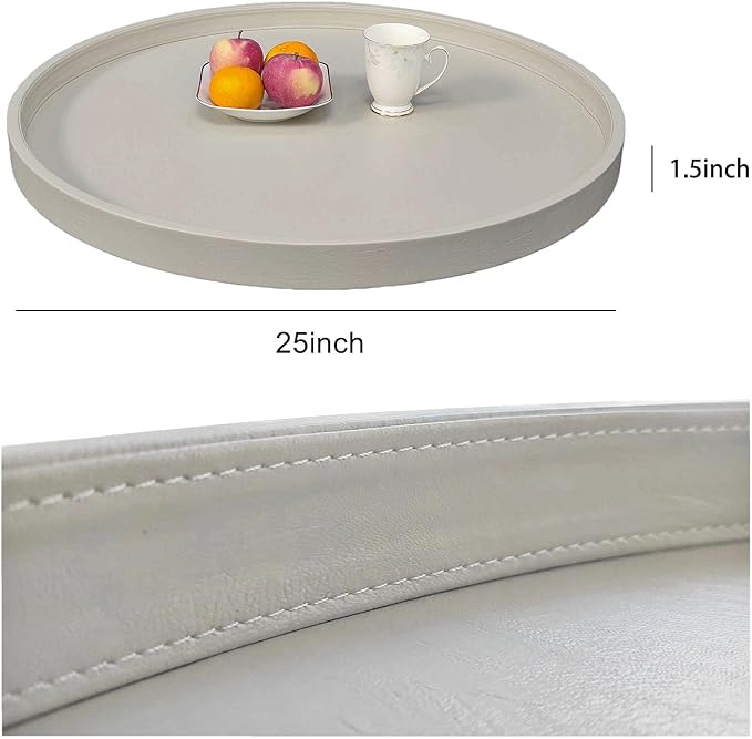 25 x 25 inches high-end Light Luxury Leather Round Oversized Service Tray, Ottoman Tray，Coffee Tray, Food Tray, Family Dinner, Out-of-House Picnic, Party Essential Tray (25 inch Beige)