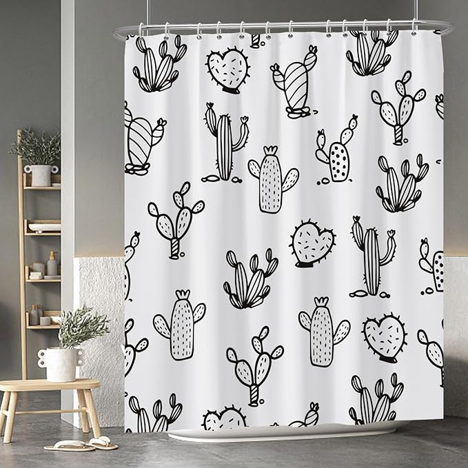 Baocicoo Cartoon Cactus Shower Curtain Tropical Plants Mexican Texas Minimalism Black and White Decorative Artistical Shower Curtains for Home Bathtubs Bath Waterproof Fabric with Hooks 72x84 Inches