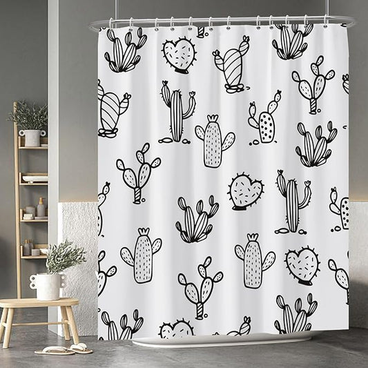 Baocicoo Cartoon Cactus Shower Curtain Tropical Plants Mexican Texas Minimalism Black and White Decorative Artistical Shower Curtains for Home Bathtubs Bath Waterproof Fabric with Hooks 72x84 Inches