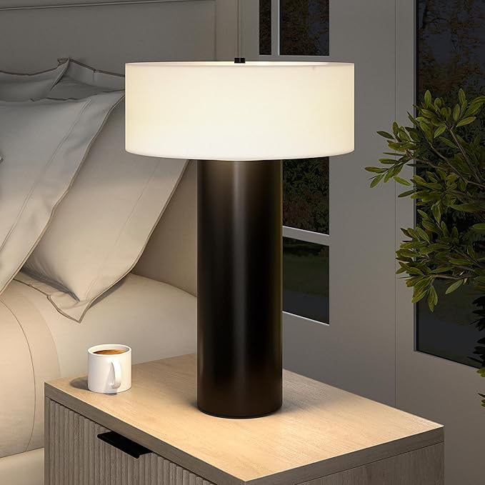 Henn&Hart 24" Mid-Century Modern 1-Light Table Lamp with White Fabric Drum Shade for Living Room, Bedroom, or Office, Black