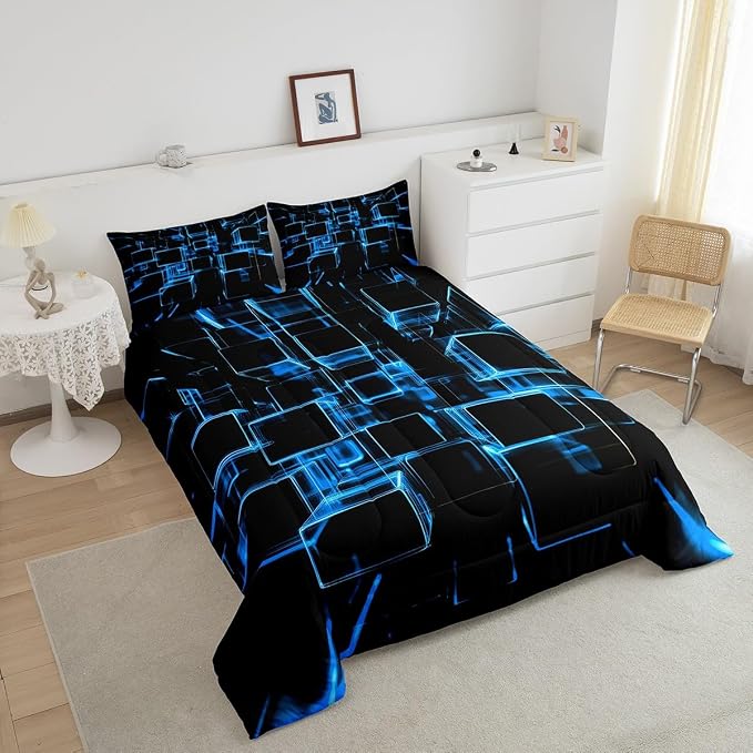 Erosebridal Blue and Black Kids Comforter Set, Modern Geometric Square Bedding for Boys Girls Gradient Neon Light Honeycomb Duvet Insert Abstract Bed Set Twin 2 Pieces