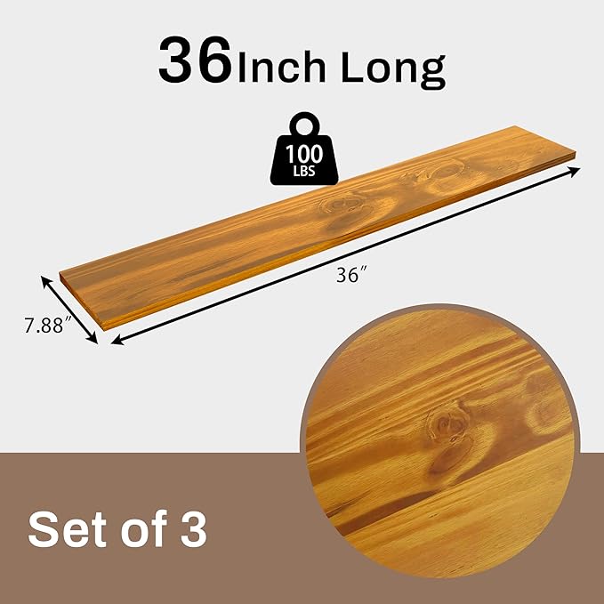 Rustic Wood Floating Shelves Set of 3, 36Inches Wood Rustic Farmhouse Wall Shelves, Easy-to-Install Hanging Shelves for Living Room, Kitchen, and Bathroom, 100bs Capacity. (Brown, 3T36IN)