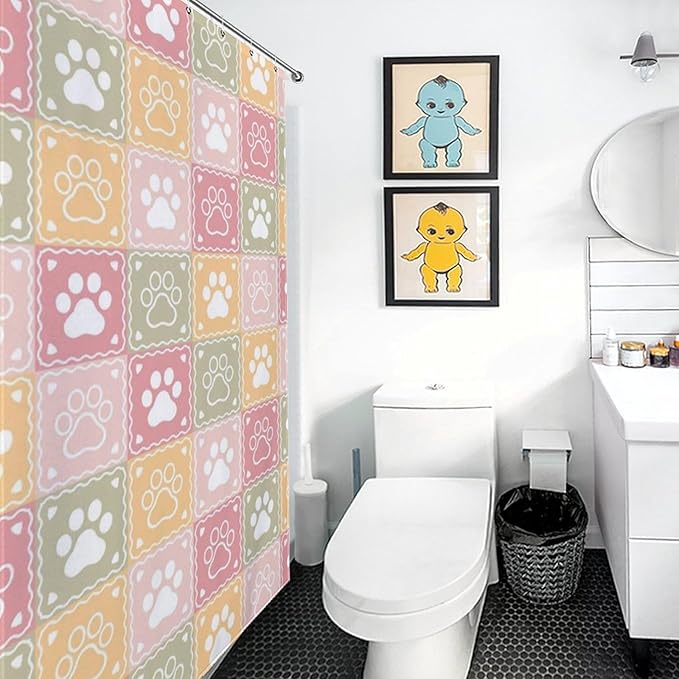 Paw Shower Curtain Cartoon Animal Colorful Checkered Footprints Pattern Duty Fabric Shower Curtains Set Bathroom Polyester Waterproof with 12 Hooks, 55x72Inch（140x183cm）
