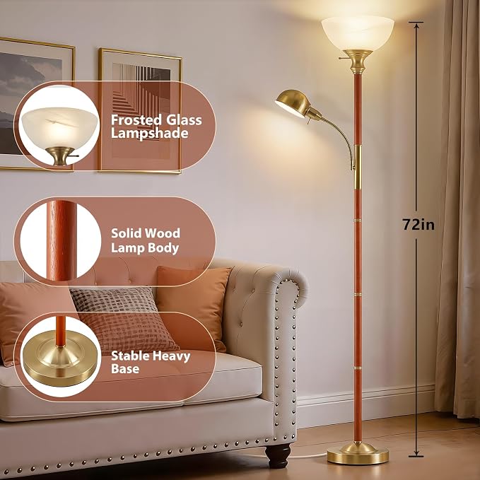 EJIAXIN Wood Floor Lamp for Living Room - Gold Torchiere Floor Lamps for Bedroom Standing Lamp with Glass Shade - Mid Century Modern Corner Tall Lamps for Home Office Nursery Reading Light,2 Head