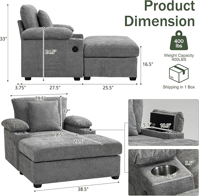 Oversized Chaise Lounge Chair with Ottoman and Cup Holders, Modern Sleeper Sofa with USB Charging Ports for Living Room and Bedroom (Grey)
