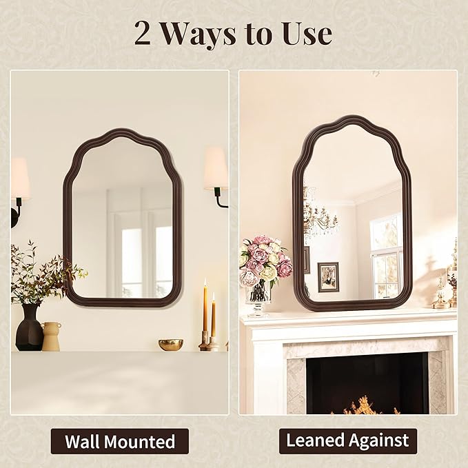 Tanmicoshomy Wood Arch Bathroom Mirror 24x36 Inch, Rustic Wavy Natural Wooden Framed Mirrors with Shatterproof Glass for Living Room, Bedroom or Entryway (Dark Brown)