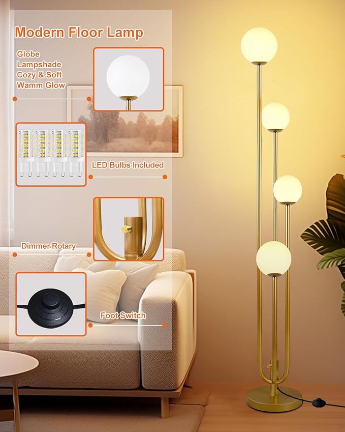 Lightdot Gold Globe Floor Lamp 4-Lights Dimmable Floor Lamps with 3000K Bulbs Included Unique Mid Century Modern Tall Standing Lamp with 5Lbs Heavy Base for Living Room/Bedroom/Sofa Beside