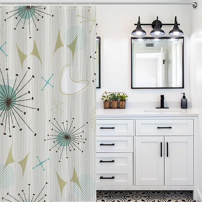 Mid Century Shower Curtains Modern Atomic Age Pattern Retro 50s Pattern Duty Fabric Shower Curtain Set Bathroom Polyester Waterproof with 12 Hooks, 66x72Inch（168x183cm）
