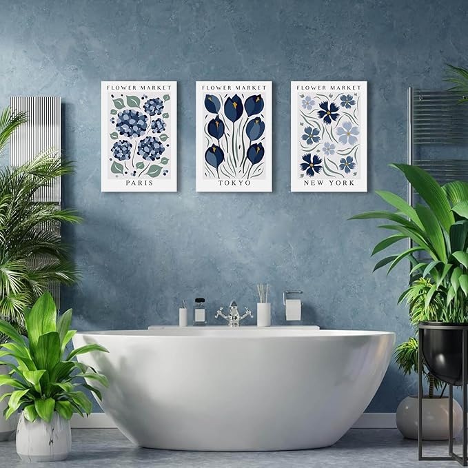 BingruiArt Flower Market Wall Art Navy Blue Canvas Boho Floral Wall Decor Modern Retro Botanical Posters Prints Pictures for Livingroom Batroom Bedroom Dorm Room 3Pcs 16"x24" Framed