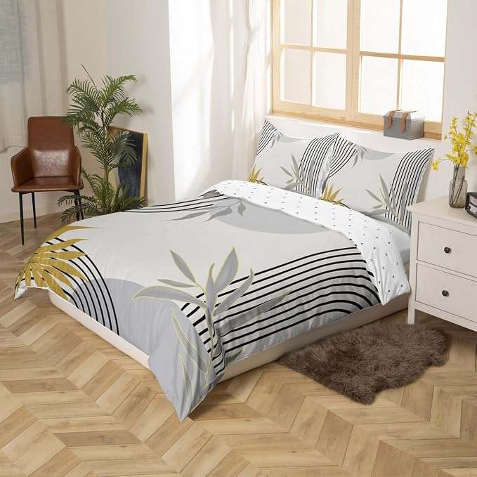 Erosebridal Boho Grey Geometric Comforter Cover King for Kids Teens Adults,Abstract Leaves Duvet Cover,Retro Mid Century Bedding Set,Minimalist Aesthetic Bed Set 3 Pcs Bedroom Decor