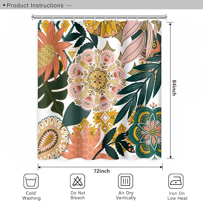 Bohemian Floral Bathroom Boho Abstract Tropical Leaves Flowers Shower Curtain with Hooks, Polyester Waterproof Fabric Paisley Unique Trendy Woman Shower Decor, 72x84 Inch
