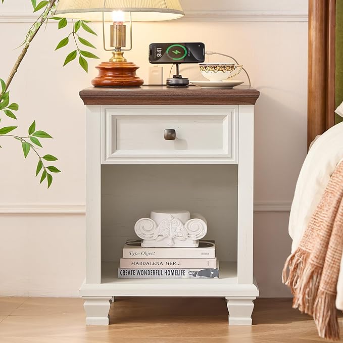 Farmhouse End Tables Living Room with Drawer, Rustic Wood Nightstand with Charging Station, Bedside Table with Open Shelf for Bed Room, Living Room, White
