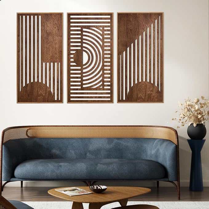 TOARTi Abstract Geometric Framed Wooden Wall Art Decor(16"x32"x3pcs), Large Vintage Mid Century Rectangle Wall Sculptures, Rustic Minimalist Geometry Artwork for Home Bedroom Living Room