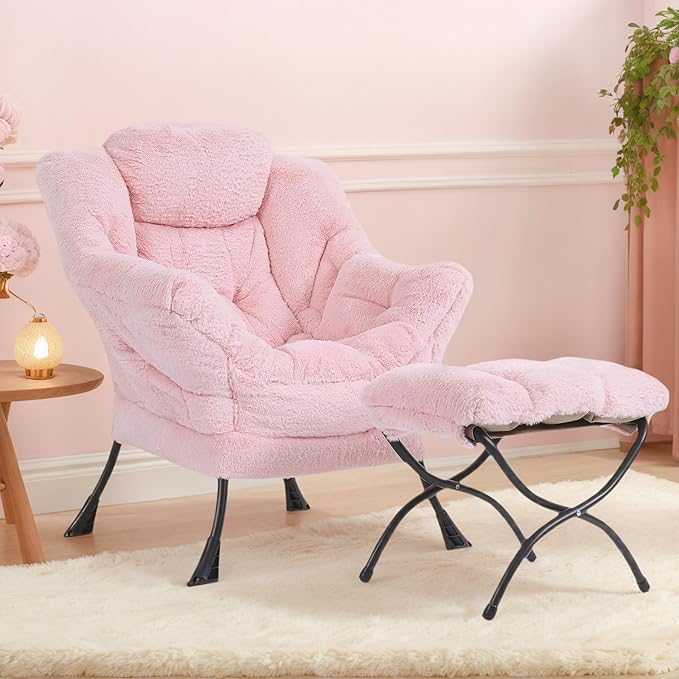 Tiita Lazy Chair with Ottoman, Pink Modern Large Accent Chair, Comfy Leisure Sofa Armchair with Ottoman, Reading Chair with Footrest for Bedroom, Living Room, Dorm Rooms, Plush Pink