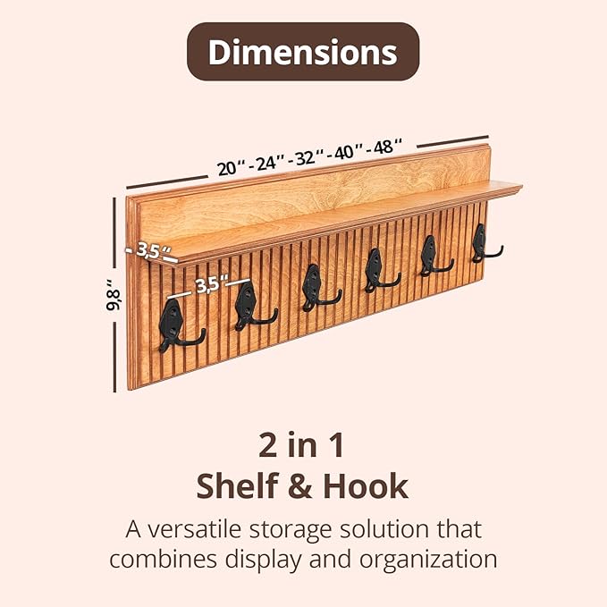 Rustic Wall Mounted Coat Rack with Shelf Wooden Entryway Organizer with 5 Metal Hooks for Coats Hats Towels Keys Floating Storage Shelf for Bathroom Bedroom (Oak, 32 inch Striped (4 Hooks))