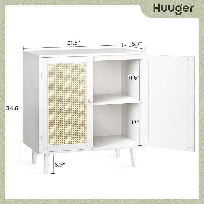 Huuger Buffet Cabinet with Storage, Storage Cabinet with PE Rattan Decor Doors, Solid Wood Feet, for Hallway, Entry, Living Room, White