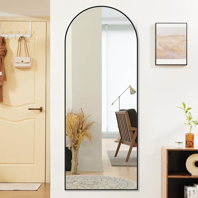 OLIXIS 64"x 21.5" Arched Mirror Full Length, Full Body Mirror with Stand, Hanging or Leaning for Wall, Floor Standing with Shatter-Proof Glass for Bedroom, Living Room, Long, Black