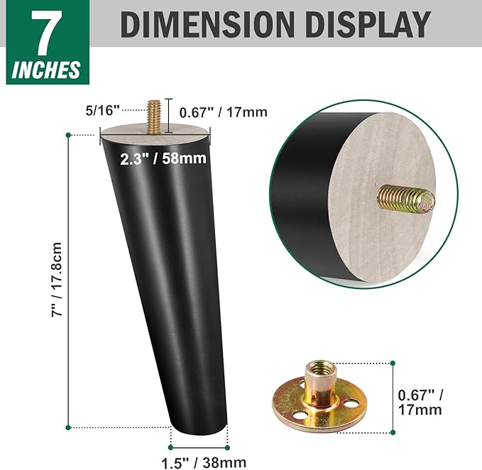 FoDau770 Black Rubber Wood Furniture Legs 7 Inches, Slant Tapered Wood Feet Mid Century Sofa Legs Set of 4, 5/16" UNC Furniture Feet Replacement Parts for Cabinet Couch Dresser Chair Ottoman Table