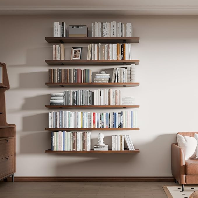 6 Tier Book Shelf,48 inch Walnut Long Floating Shelf for Wall,Adjustable Large Bookcase,Wall Mounted Bookshelf for Living Room