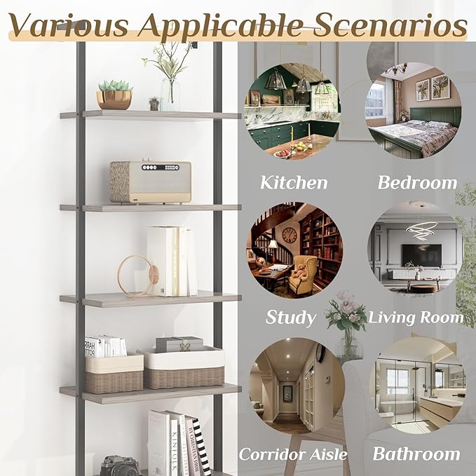 Karl home Ladder Shelf 5 Tier Wall Mounted Bookcase with Metal Frame, Open Design Shelves for Living Room, Bedroom, Home, Gray (23.62" L x 11.81" W x 70.87" H)
