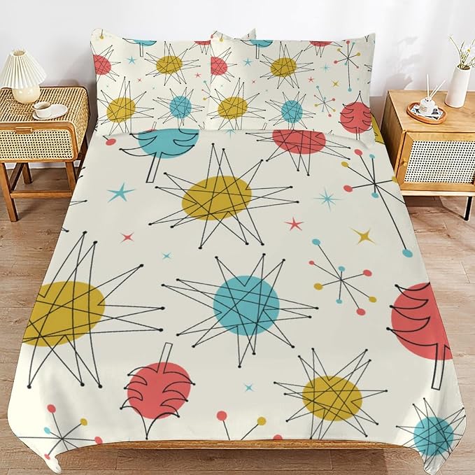Mid Century Duvet Cover Queen Retro Atomic Bedding Set, Rainbow Grid Comforter Cover Vintage Fifties 1950s Bed Set，Abstract Art Bedding 3 Piece (1 Duvet Cover 90"x90" + 2 Pillow Sham 20"x30")