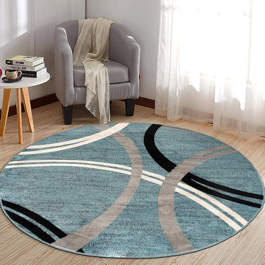 Rugshop Modern Wavy Circles Design Round Rug, Carpet with Jute Backing for Living Room, Dining Room, or Bedroom, Blue, 8' Round