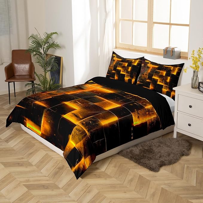 Erosebridal Black and Orange Duvet Cover Queen Modern Abstract Queen Bedding Set, 3D Glowing Plaid Comforter Cover Gradient Grid Bed Set, Neon Square Bedding 3pcs (Black Reversible)