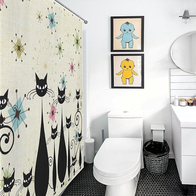 Mid Century Black Cat Shower Curtain,Retro Funny Atomic Cat Modern Abstract Geometric Iconic Pattern Bathroom Curtain Polyester Waterproof Fabric Decor 72x72in（183x183cm）